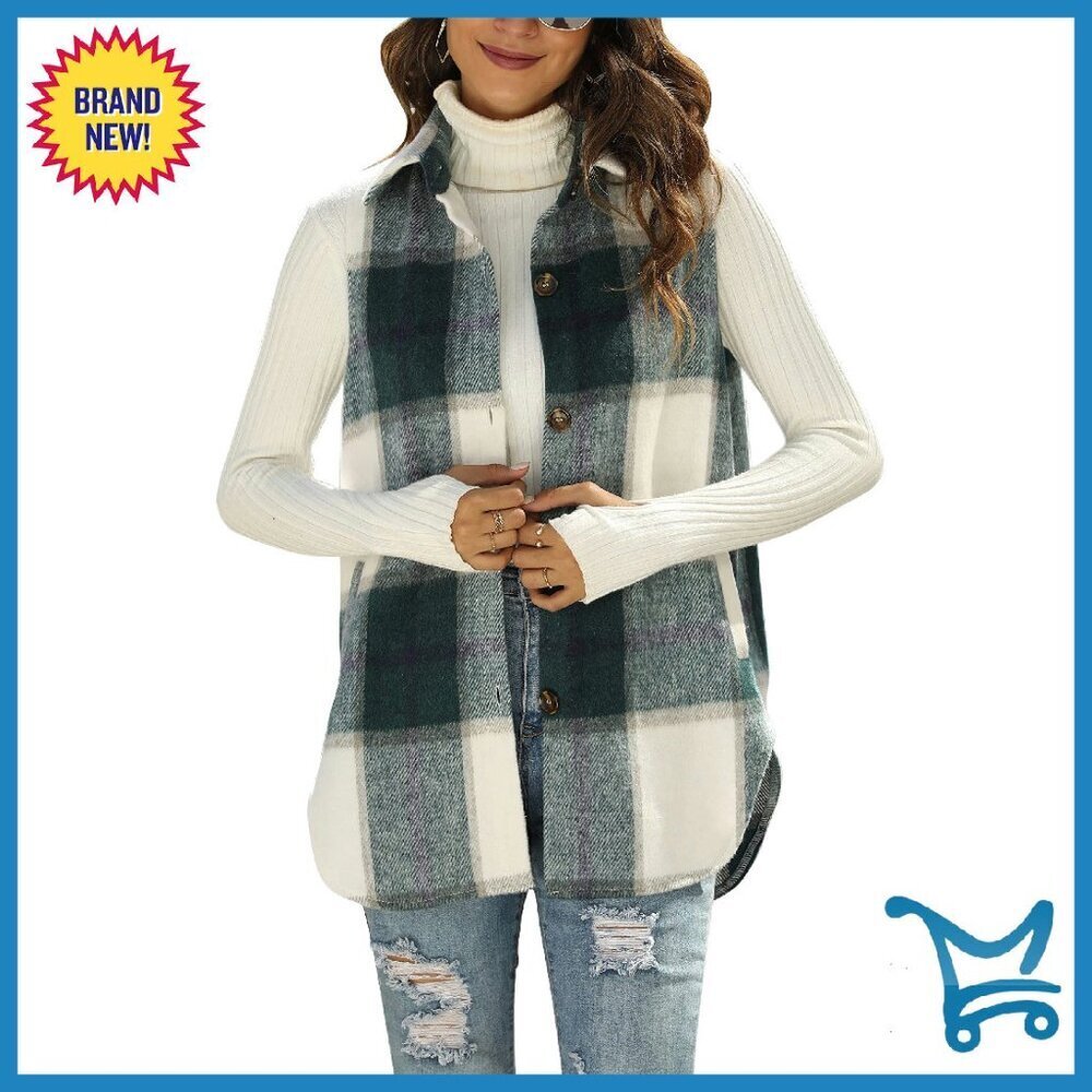 Women's Flannel Plaid Vest Button Down Sleeveless Shirt Jacket Pockets